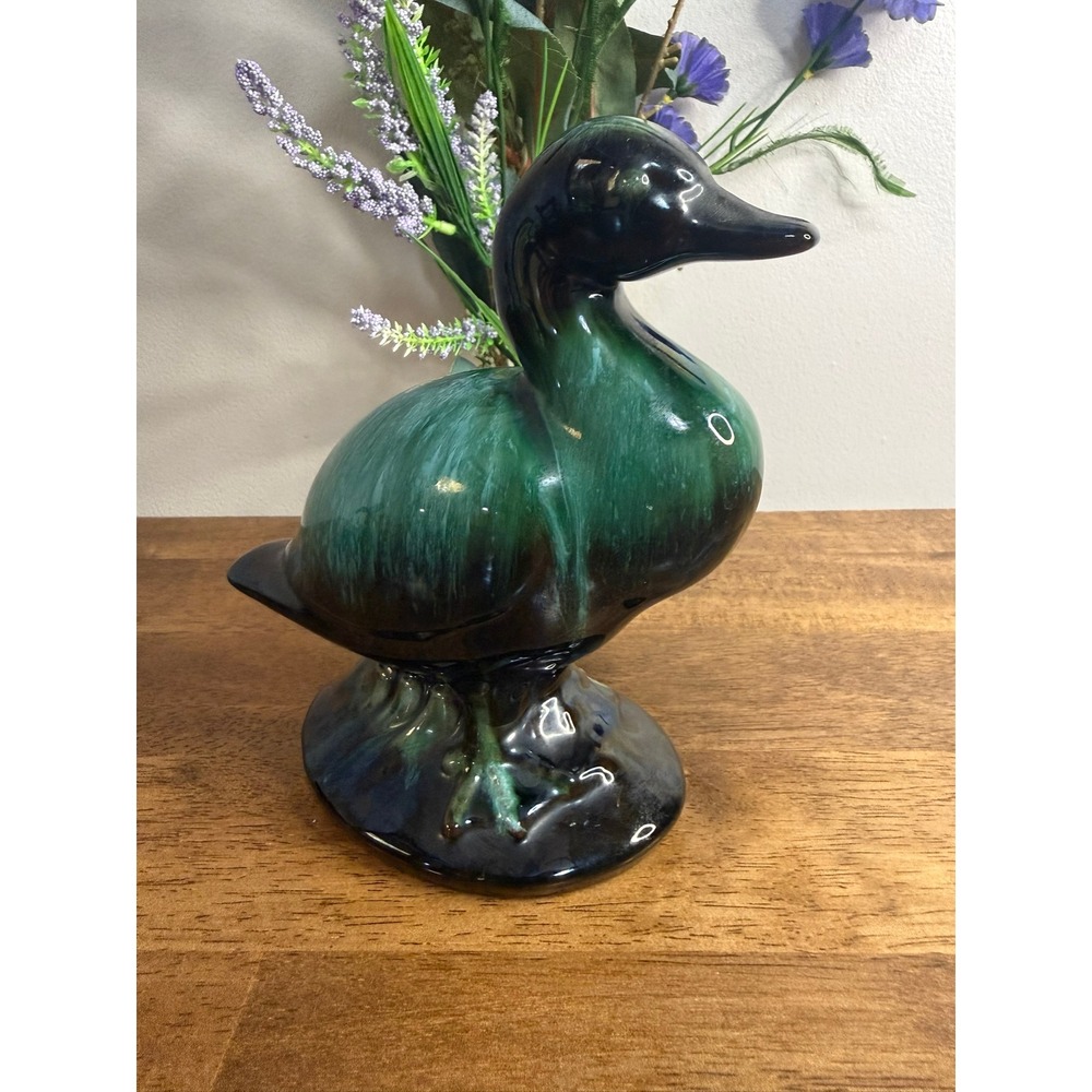 Vintage MCM Ceramic Duck Figurine Green Black Drip Glaze Waterfowl Pottery